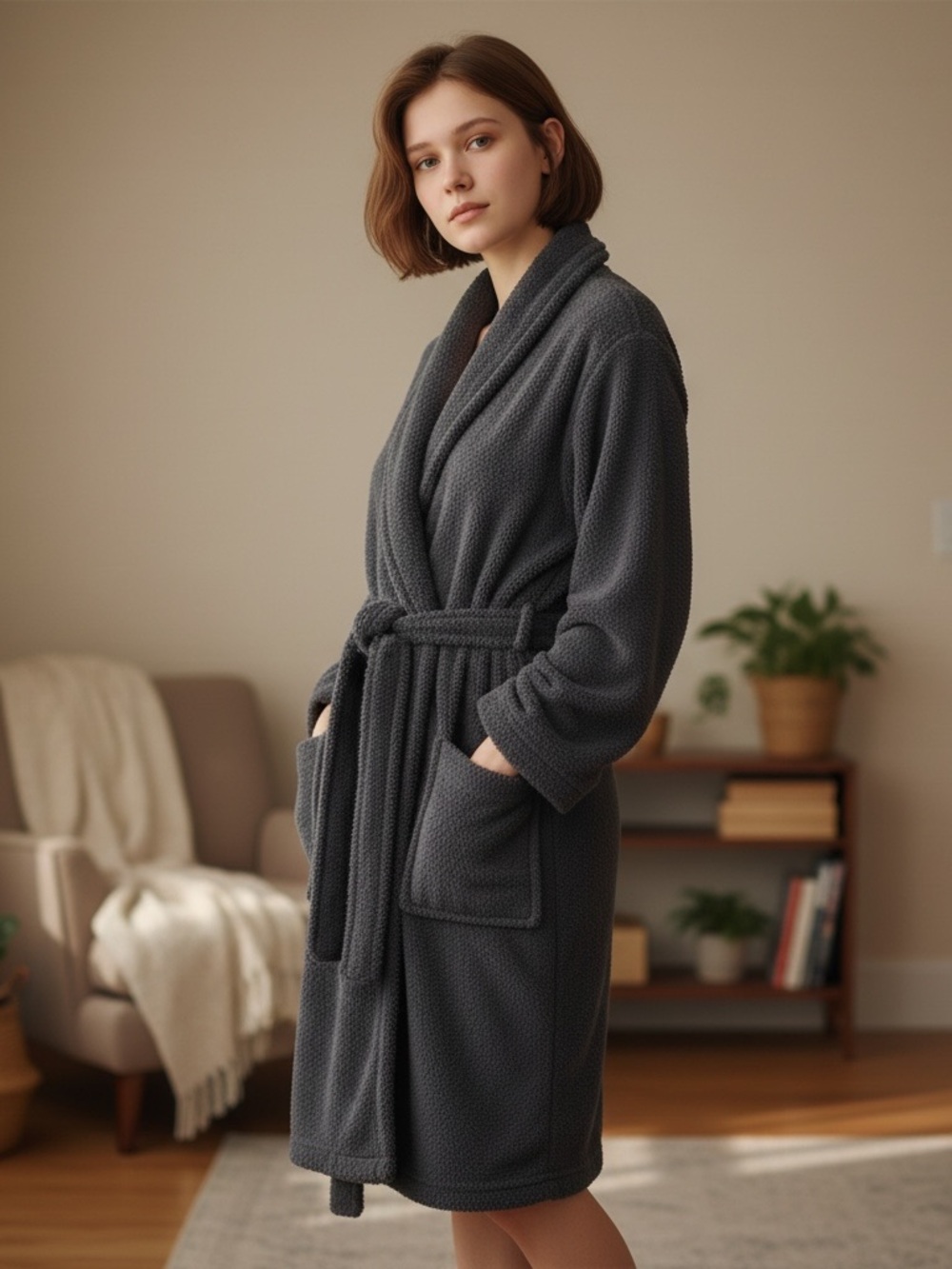 POTTERY BARN Cozy Ribbed Robe Gray S